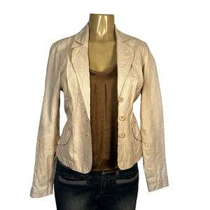 Generra Blazer Womens 4 Beige Cream Leather Button Distressed Jacket Pockets